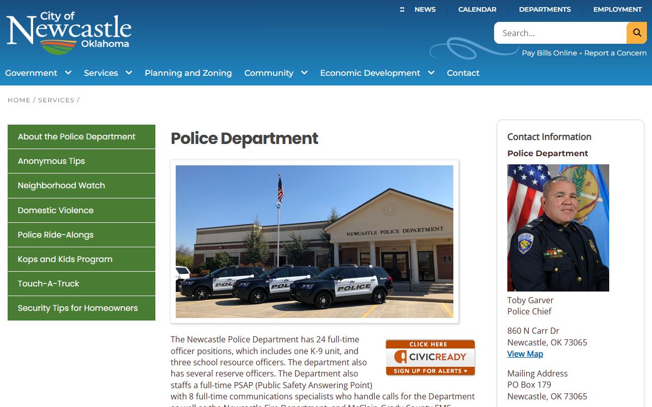 Newcastle Police Department website showing contact information and services for records requests