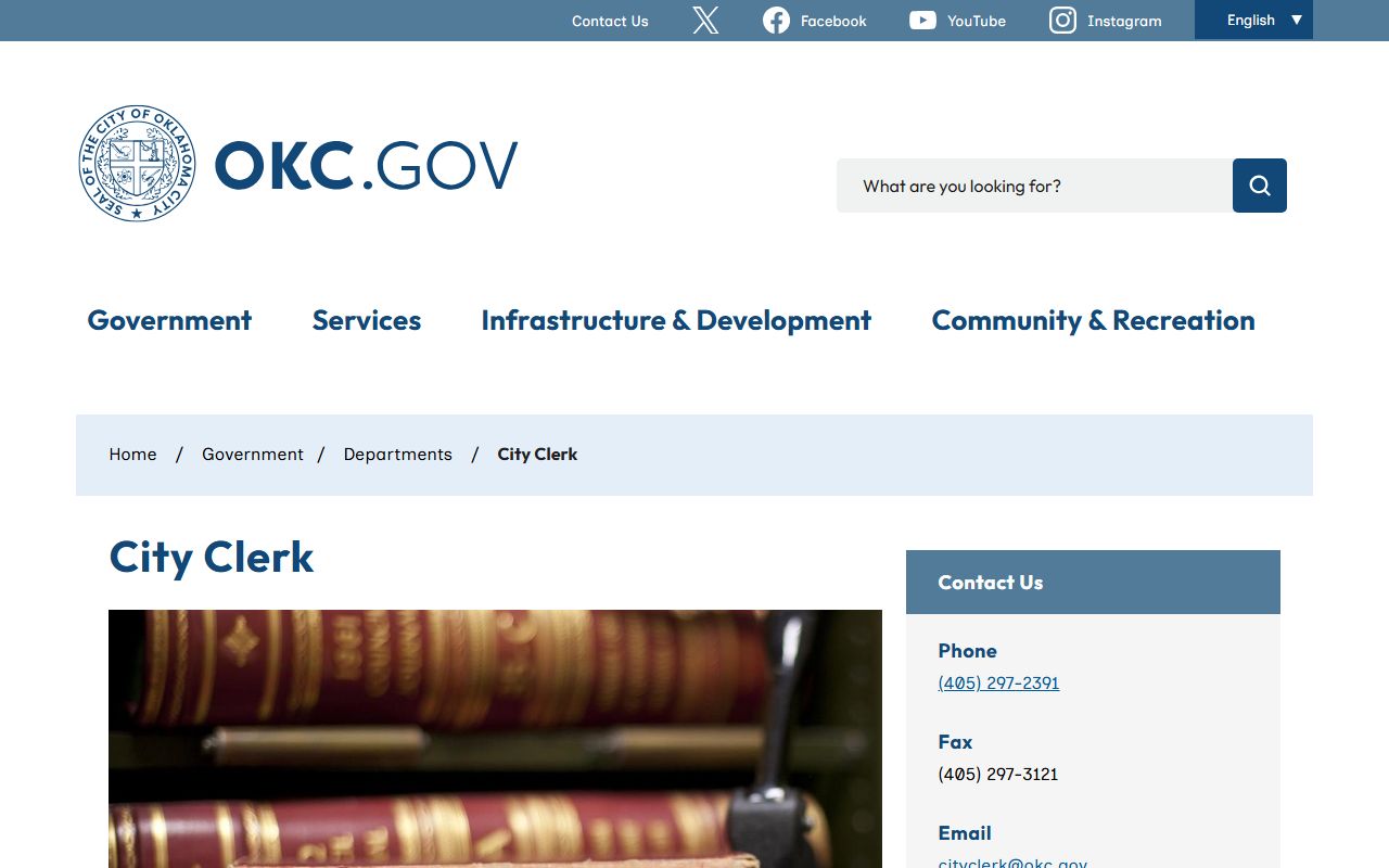 Oklahoma City Clerk office website showing municipal records and open records request options