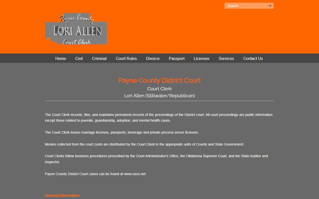 Payne County Court Clerk website for Payne County people search