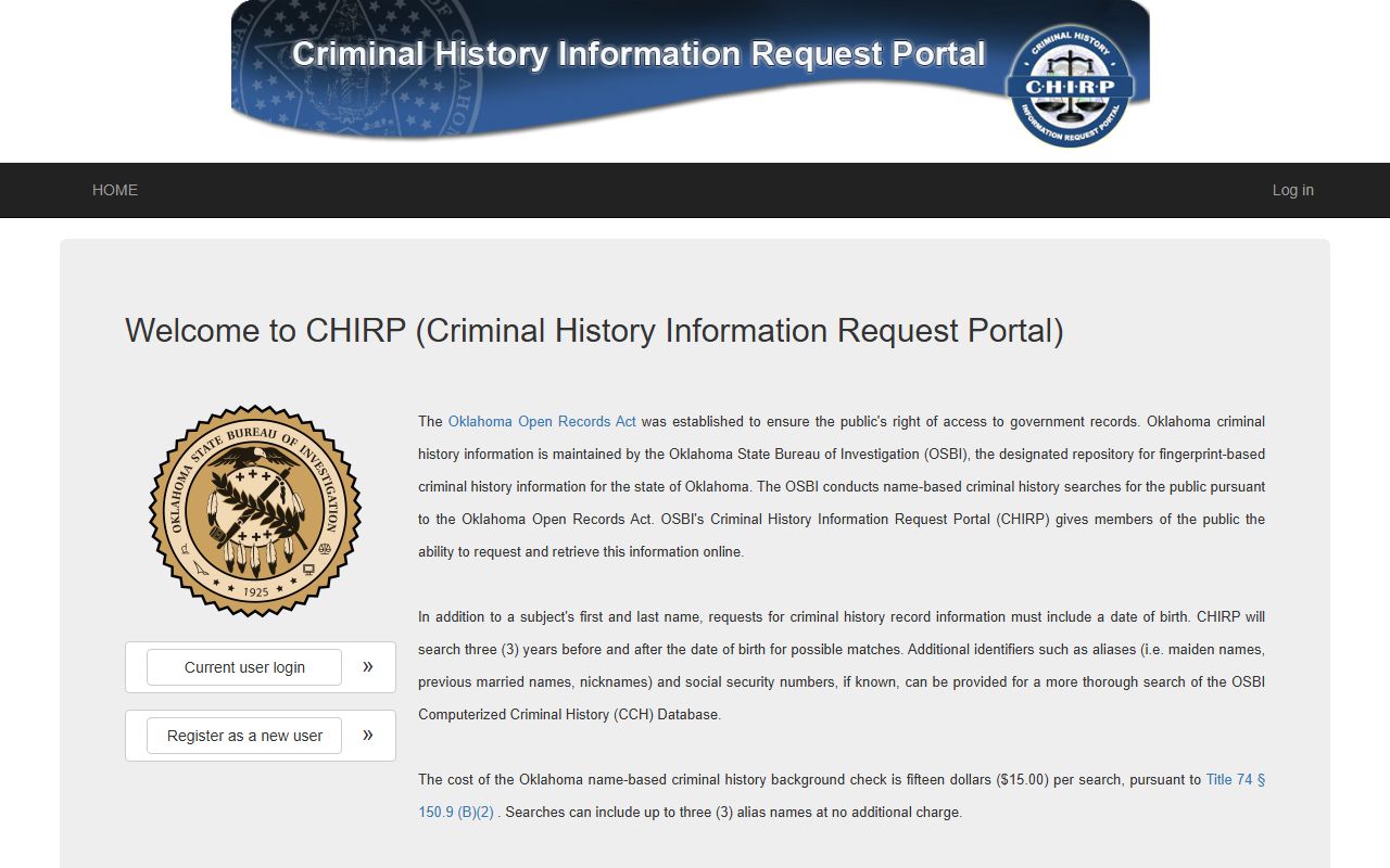 Oklahoma people search CHIRP criminal history portal